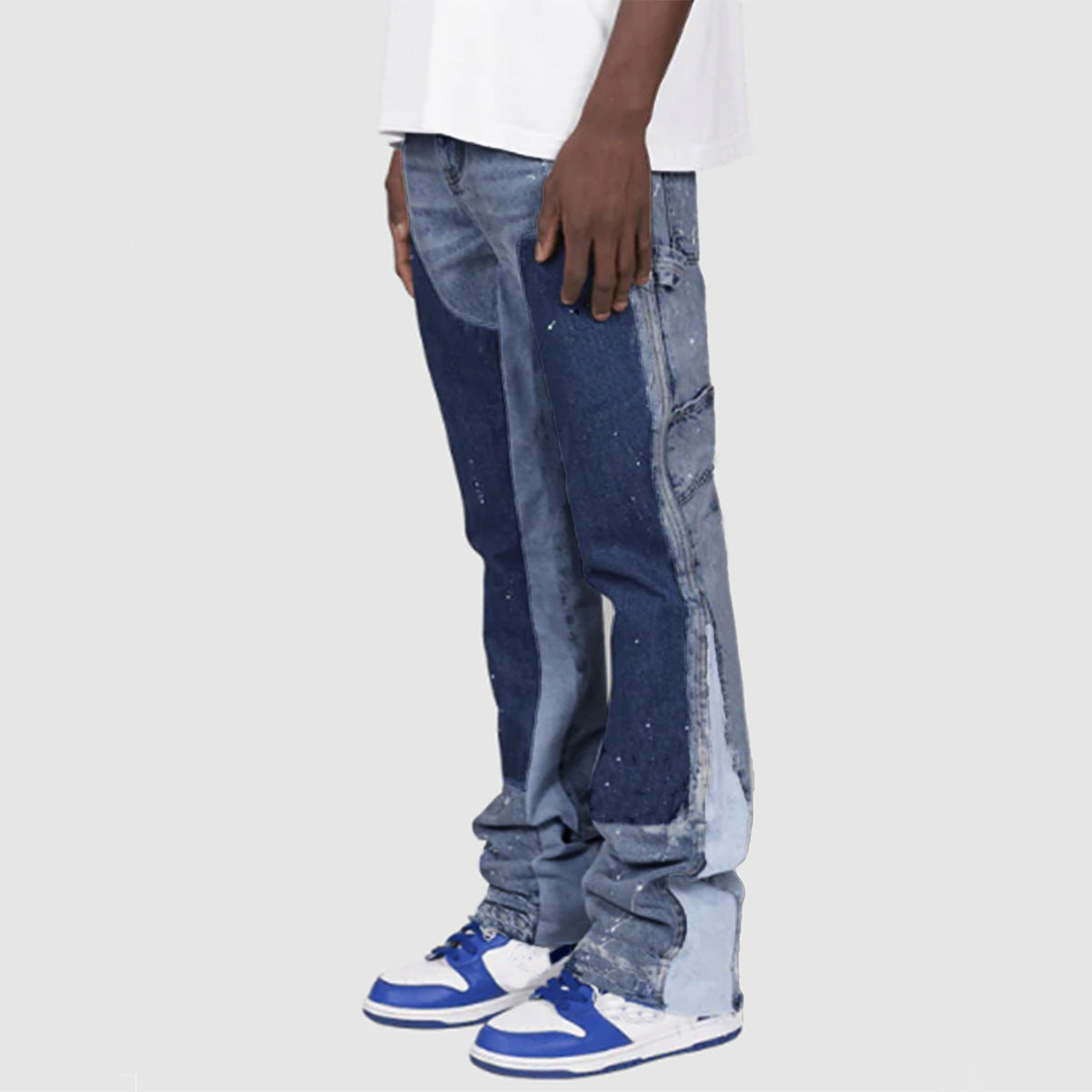 Men's Stacked Flare Denim Pants with Contrast Side Panel Patch, Paint Splatter Detail and Carpenter Pocket - Blue, Grey and Black Washes