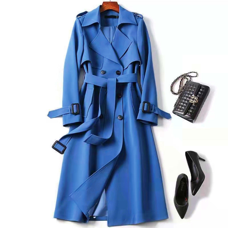 Women's Plus Size Camel Double-Breasted Trench Coat, Over-The-Knee Length with Belted Waist, Lapel Collar & Buckled Cuffs