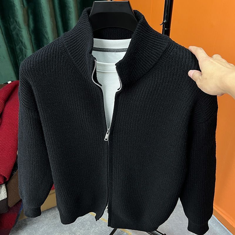 Men's Gray Chunky Ribbed Knit Zip-Up Cardigan with Stand Collar and Long Sleeves – Loose Casual Sweater Jacket