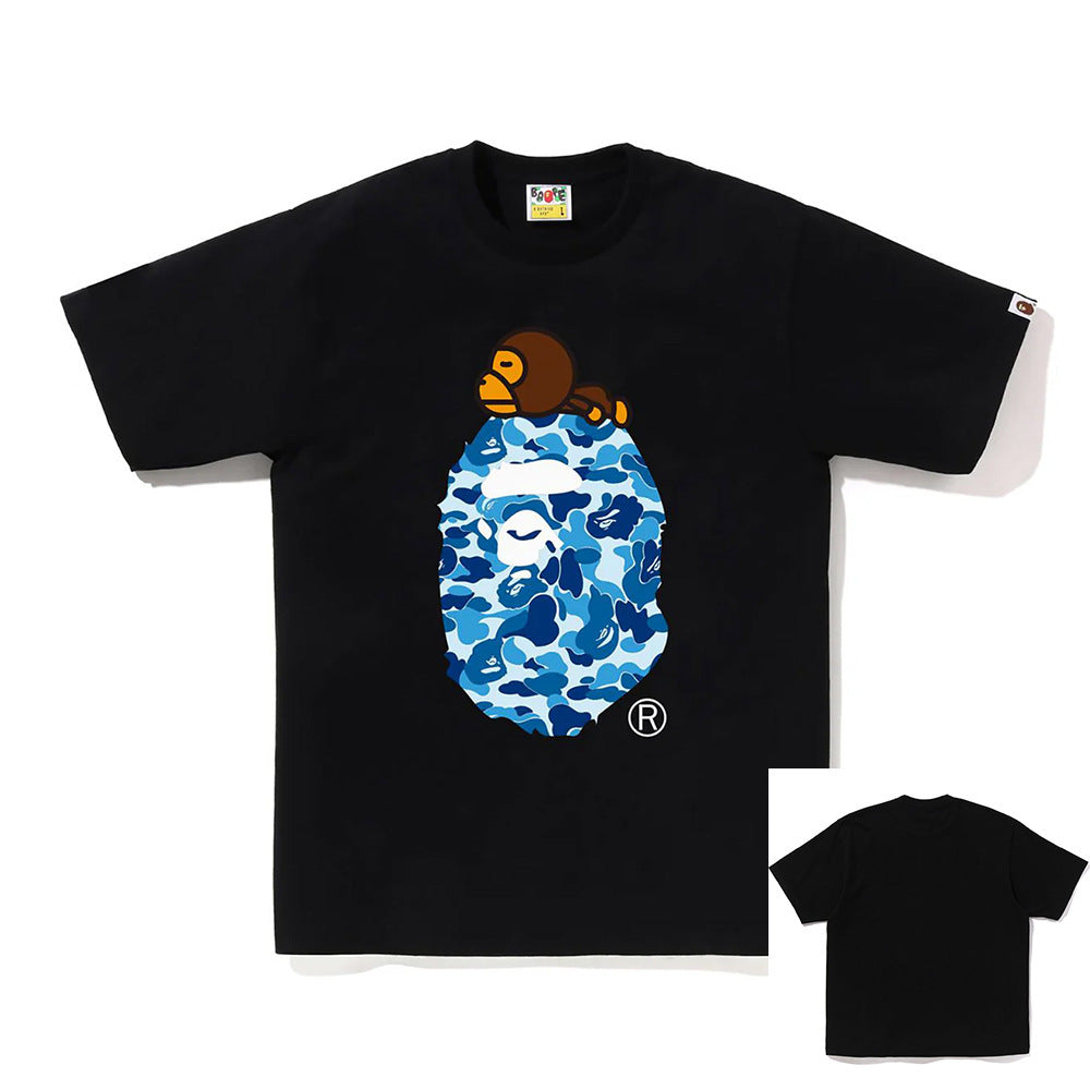 Men's Black Short Sleeve Crew Neck Streetwear T-Shirt with Blue Camo Ape Head Graphic Print - Style 1