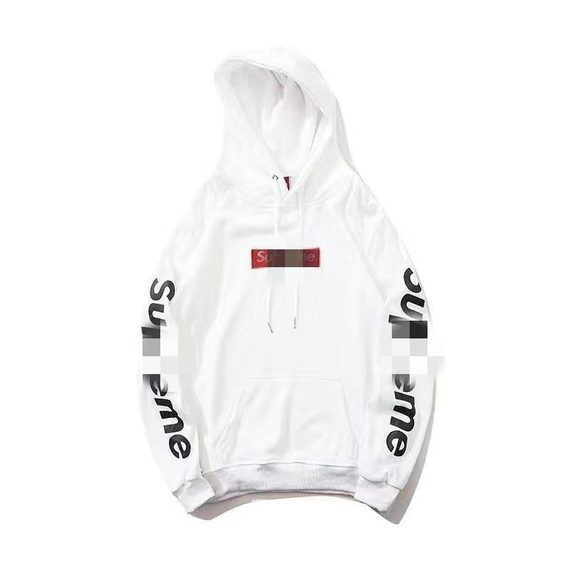 Men's Black Pullover Hoodie with Red Box Logo Chest Print and White Sleeve Lettering, Drawstring Hood, Kangaroo Pocket, Unisex Streetwear