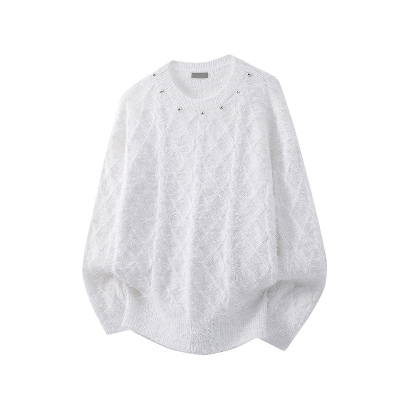 Men's Fuzzy Knit Pullover Sweater with Beaded Round Neckline, Loose Batwing Sleeve Cable-Knit Design in Black or White