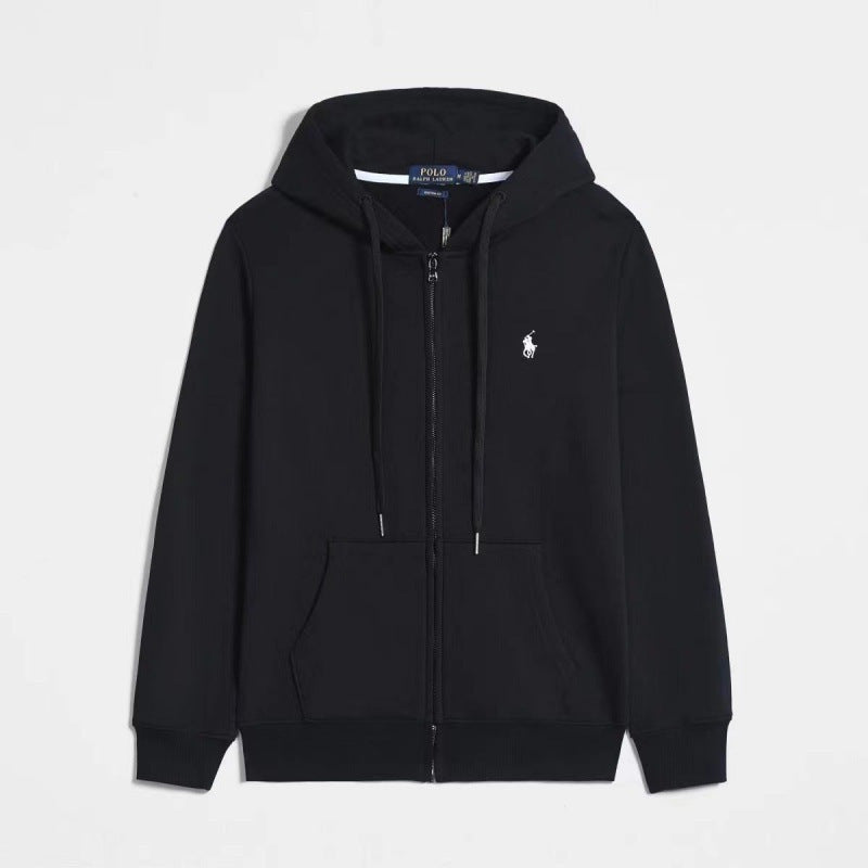 Women's Black Zip-Up Hooded Cardigan Sweatshirt with White Embroidered Logo, Drawstring Hood & Front Pockets