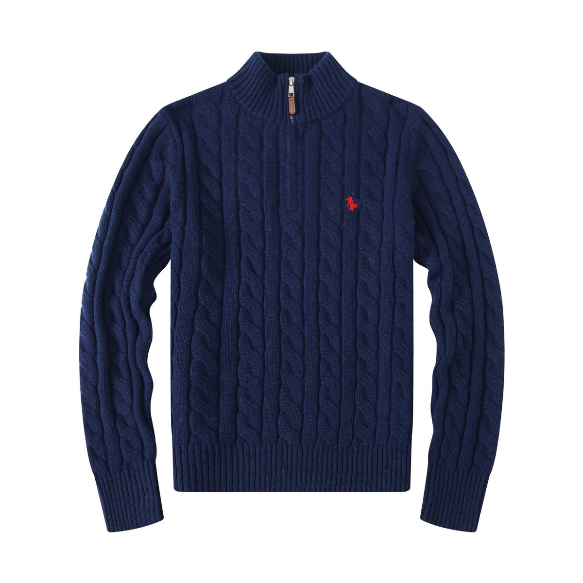 Men's White Cable Knit Half-Zip Mock Neck Sweater with Leather Zipper Pull, Embroidered Pony Logo, Ribbed Cuffs and Hem – Size S - Style #SHP-6222-01564