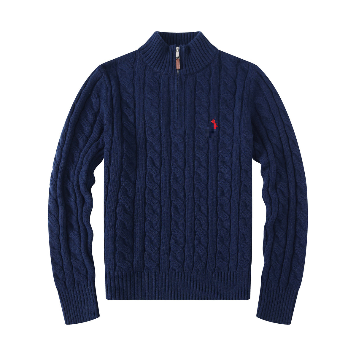Men's Ivory White Chunky Cable-Knit Half-Zip Mock Neck Sweater with Embroidered Pony Logo, Ribbed Trim and Leather Zipper Pull – Size S