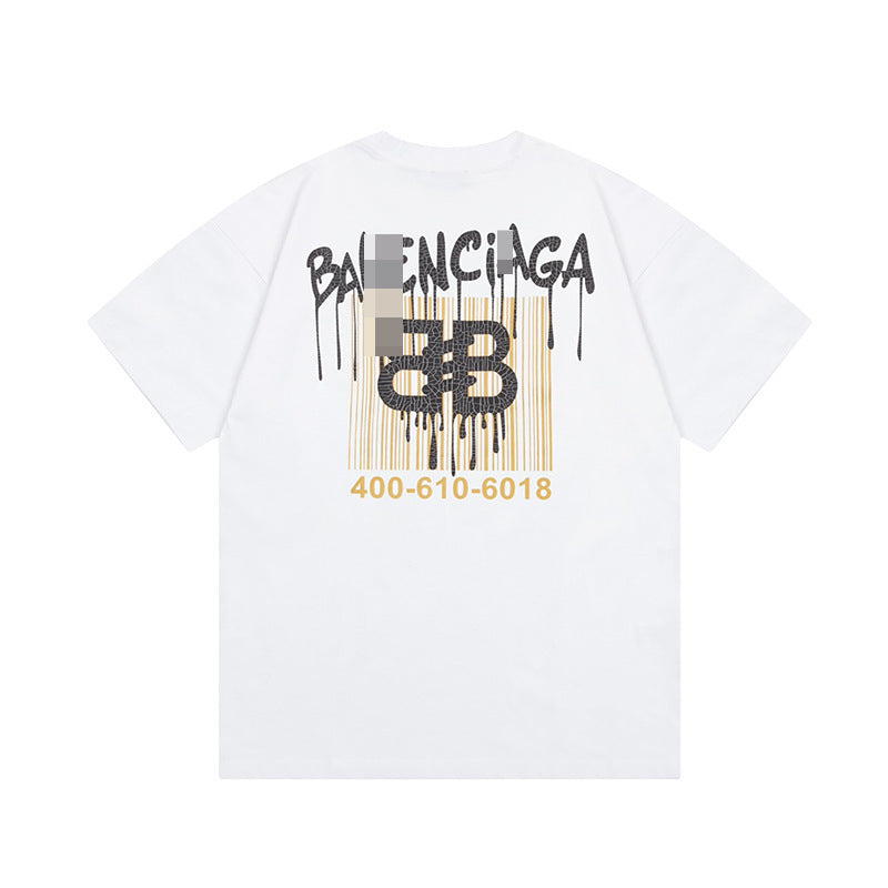 Men's White Cotton Crew Neck Short Sleeve Tee with Black Drip Graffiti Logo and Yellow Barcode Back Print, Oversized Streetwear T-Shirt