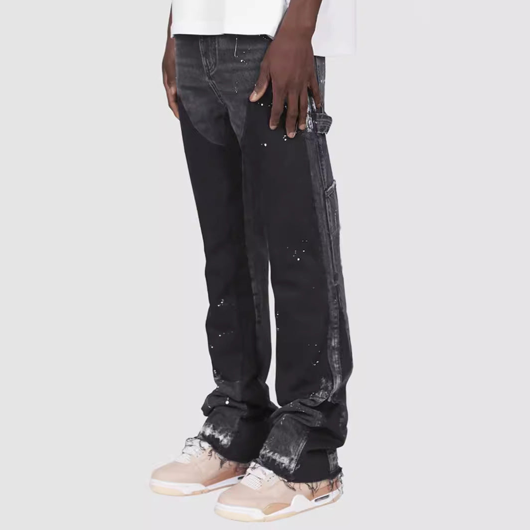 Men's Stacked Flare Denim Pants with Contrast Side Panel Patch, Paint Splatter Detail and Carpenter Pocket - Blue, Grey and Black Washes