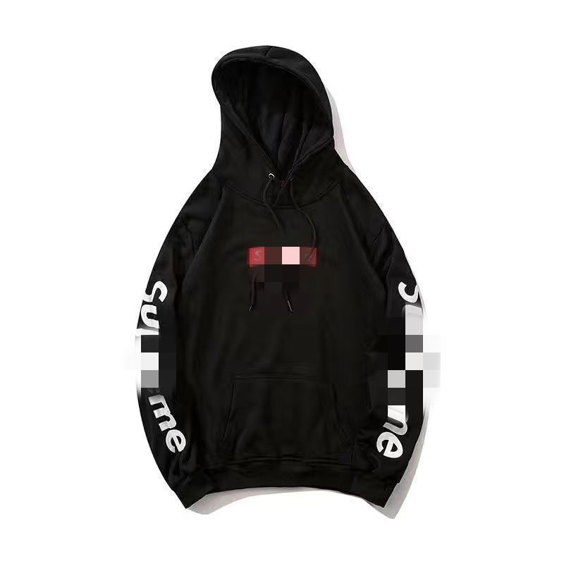 Men's Black Pullover Hoodie with Red Box Logo Chest Print and White Sleeve Lettering, Drawstring Hood, Kangaroo Pocket, Unisex Streetwear