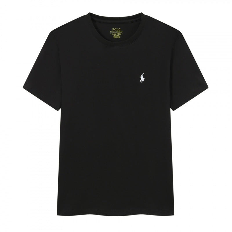 Men's Black Crew Neck Short Sleeve Cotton T-Shirt with Small White Embroidered Pony Logo, Slim Fit