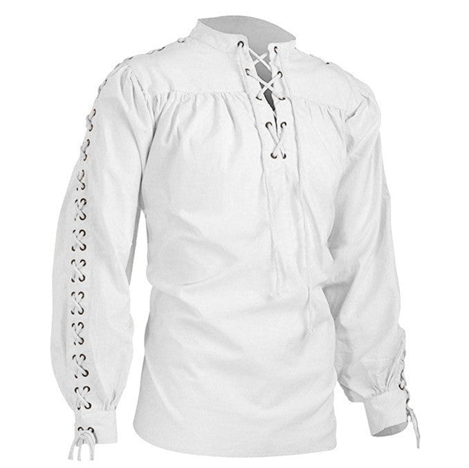 Men's Beige Cotton Medieval Renaissance Pirate Shirt with Lace-Up V-Neck and Full Sleeve Eyelet Detailing