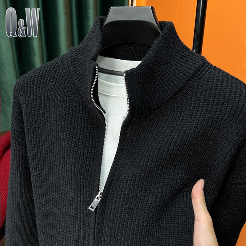 Men's Gray Chunky Ribbed Knit Zip-Up Cardigan with Stand Collar and Long Sleeves – Loose Casual Sweater Jacket
