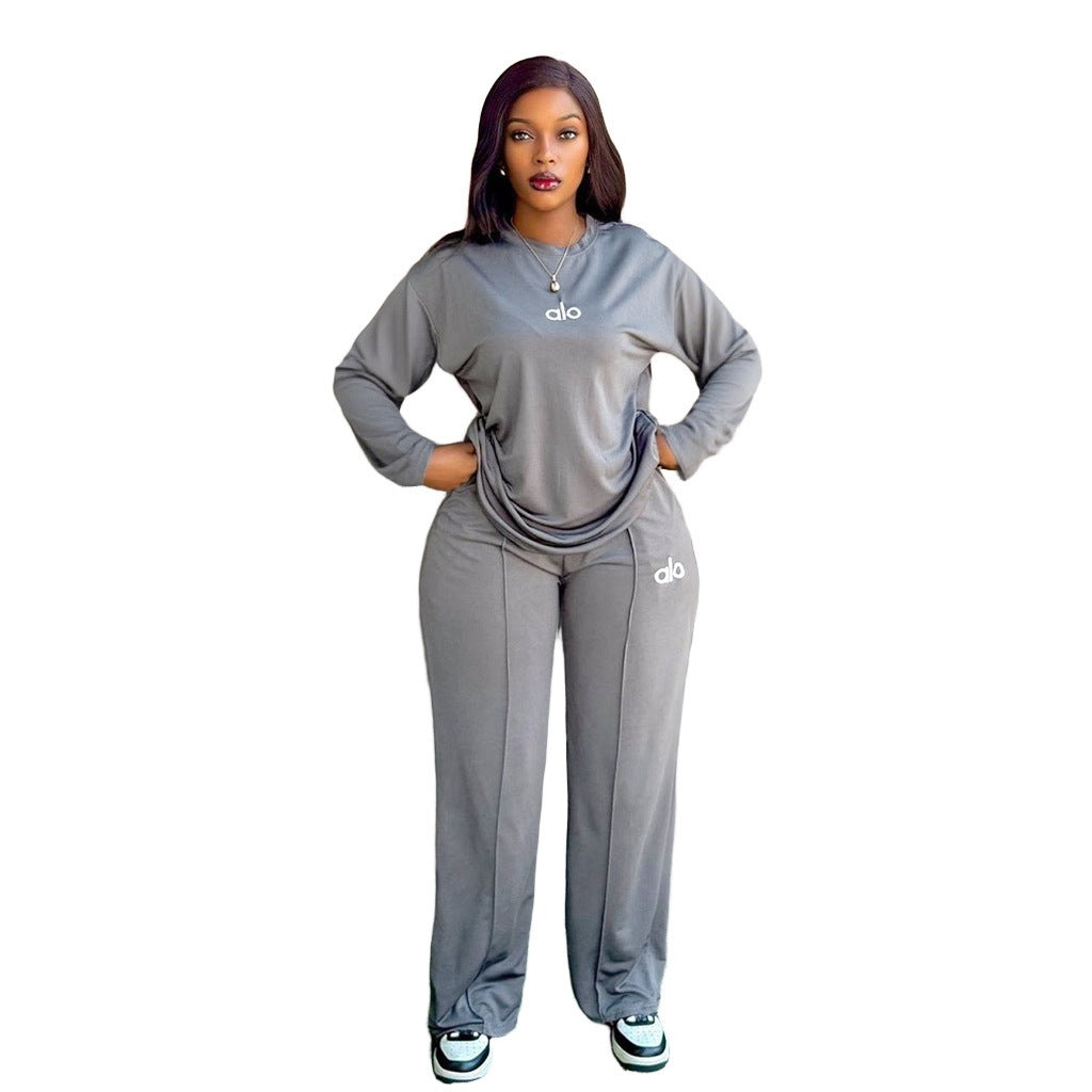 Women's Two-Piece Wide-Leg Lounge Set - Long-Sleeve Crewneck Sweatshirt & Matching Sweatpants in Brown, Black, Grey, Red and Camel with Chest Logo Print
