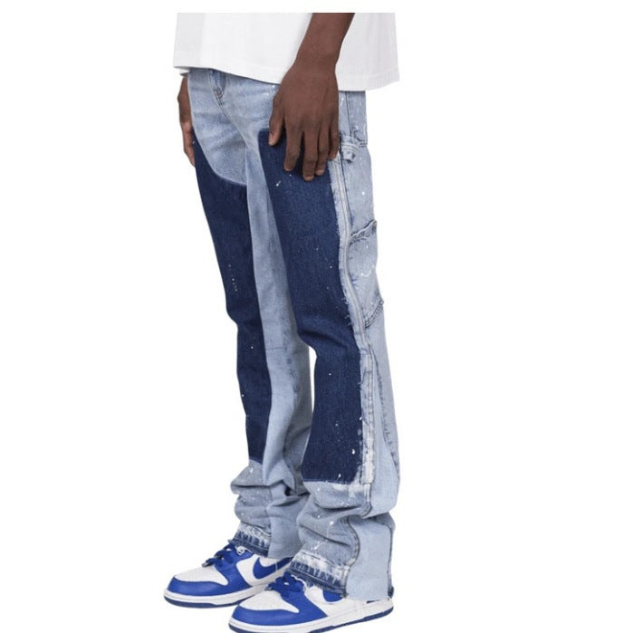 Men's Stacked Flare Denim Pants with Contrast Side Panel Patch, Paint Splatter Detail and Carpenter Pocket - Blue, Grey and Black Washes