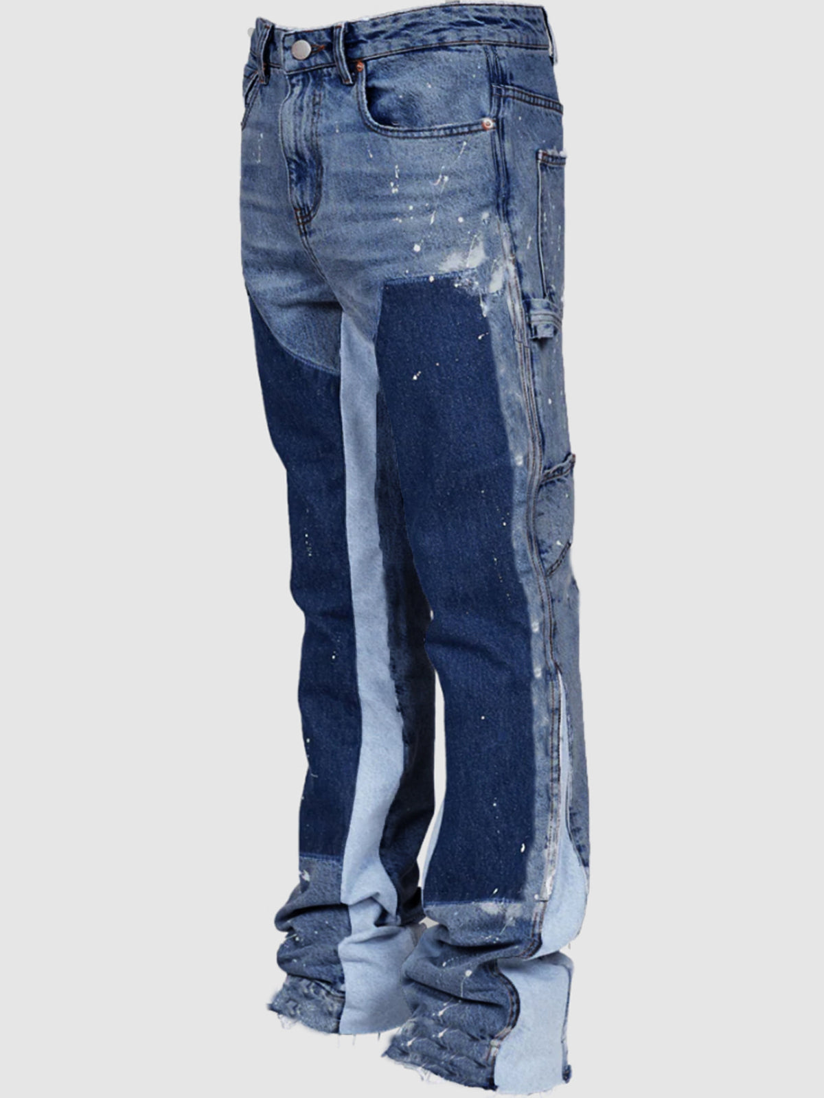 Men's Stacked Flare Denim Pants with Contrast Side Panel Patch, Paint Splatter Detail and Carpenter Pocket - Blue, Grey and Black Washes