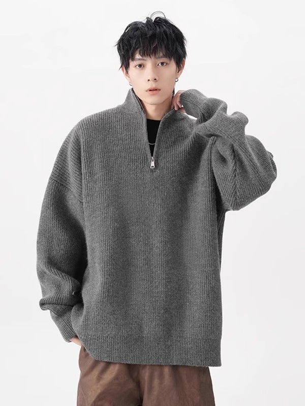 Men's Gray Ribbed Knit Half-Zip Mock Neck Sweater with Drop Shoulders and Oversized Loose Fit