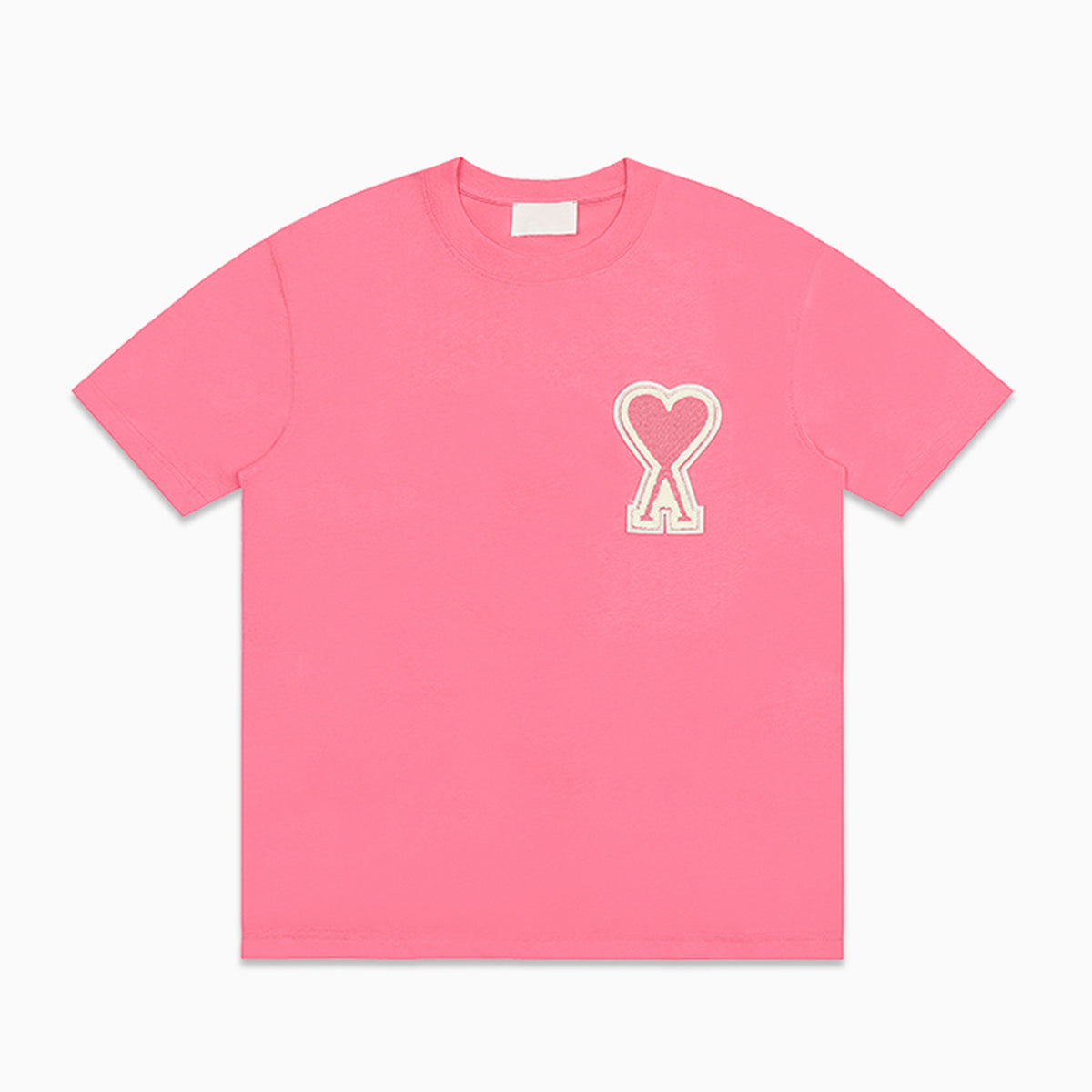 Black Cotton Crew Neck Short Sleeve T-Shirt with White Heart Patch Appliqué Chest Logo