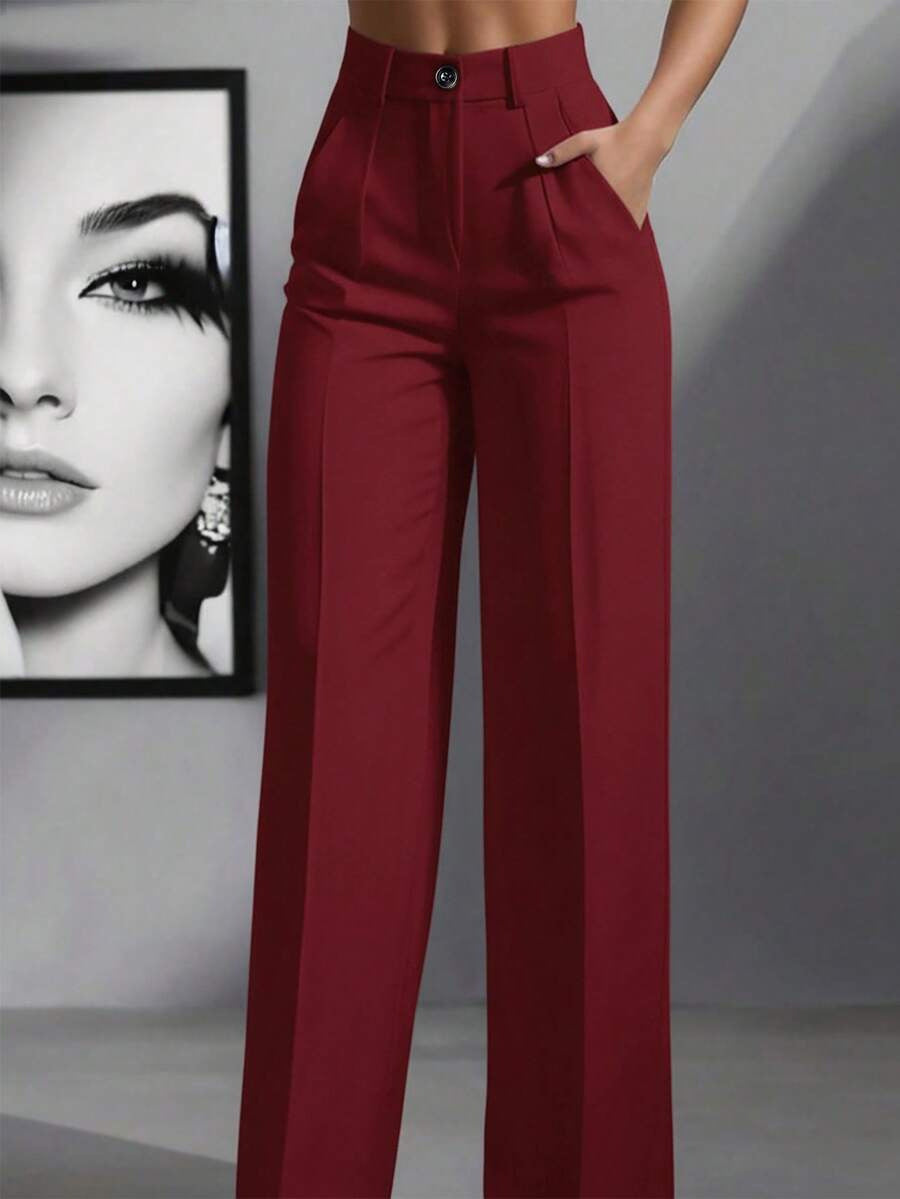 Women's Solid Color High-Waisted Pleated Wide-Leg Trousers