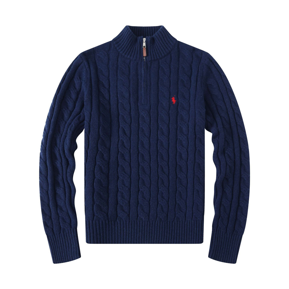Men's White Cable Knit Half-Zip Mock Neck Sweater with Leather Zipper Pull, Embroidered Pony Logo, Ribbed Cuffs and Hem – Size S - Style #SHP-6222-01564