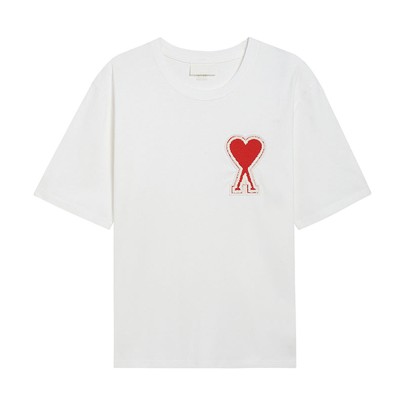 Black Cotton Crew Neck Short Sleeve T-Shirt with White Heart Patch Appliqué Chest Logo