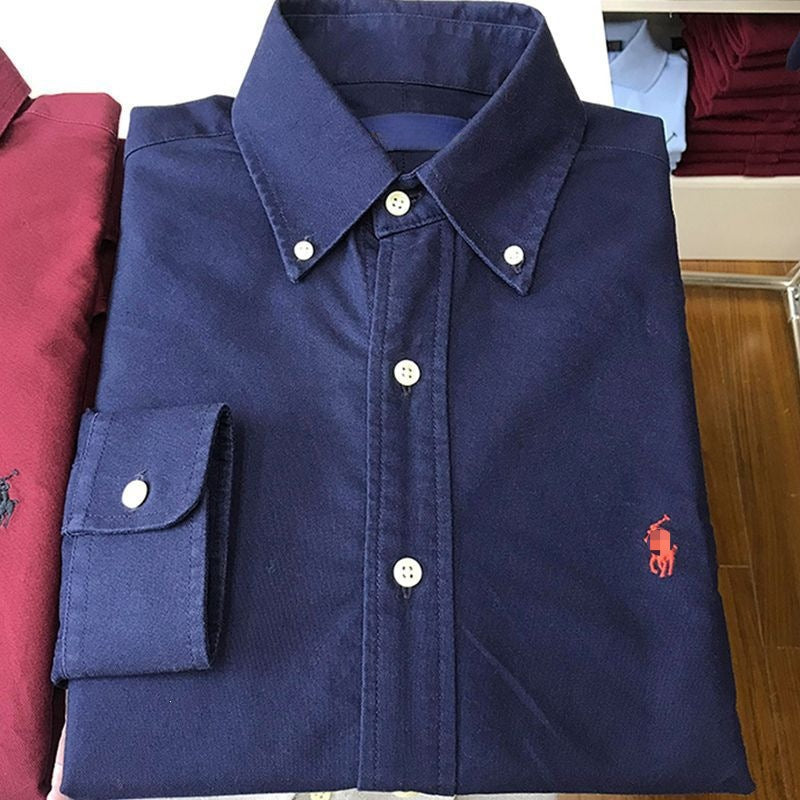 Men's Classic Button-Down Long Sleeve Shirt 4-Pack Colors Black White Light Blue Navy with Embroidered Chest Motif