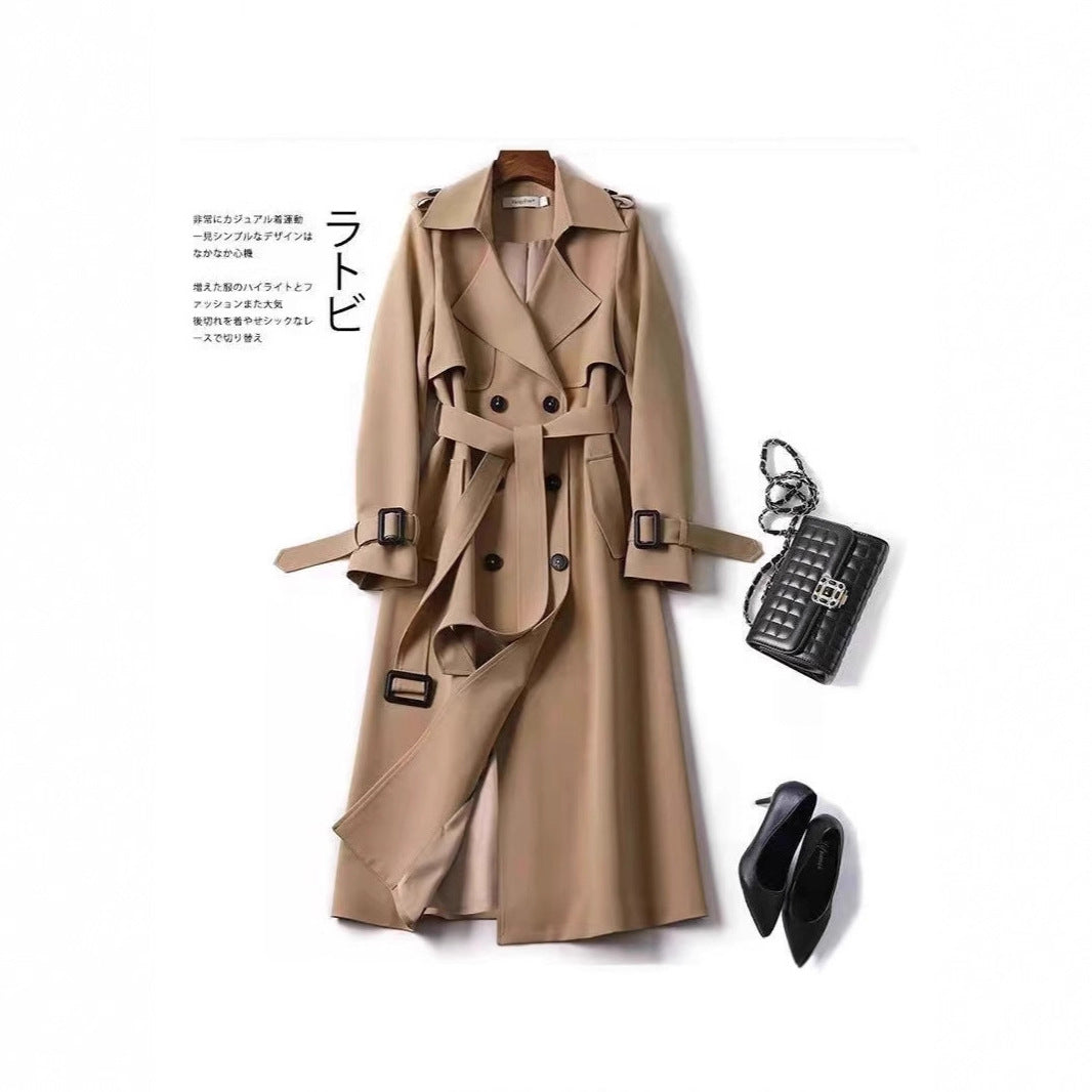 Women's Plus Size Camel Double-Breasted Trench Coat, Over-The-Knee Length with Belted Waist, Lapel Collar & Buckled Cuffs
