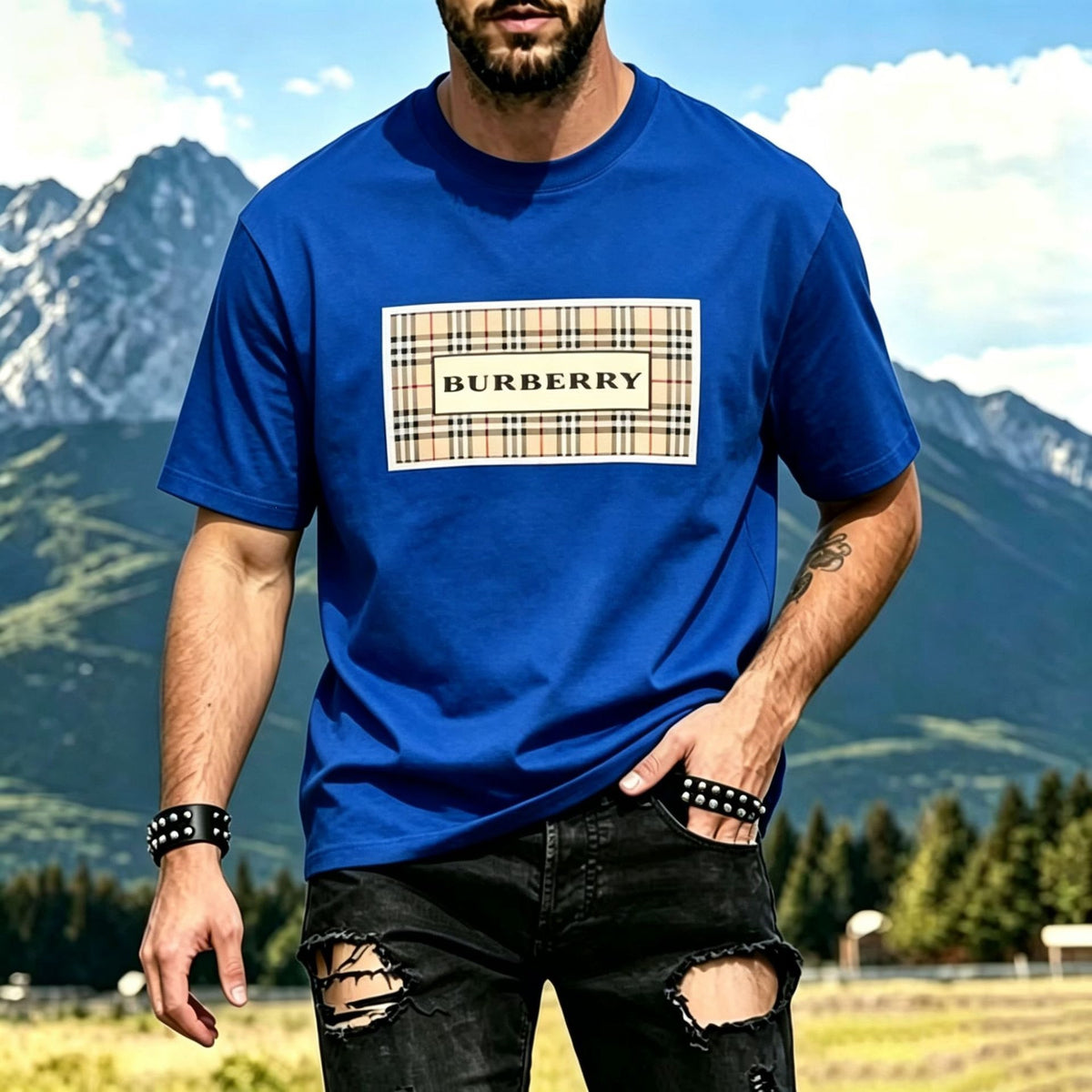 Men's Black Short Sleeve Crew Neck T-Shirt with Beige Plaid Check Graphic Print, Quick-Dry Ice Silk Mesh Fabric for Sports & Running