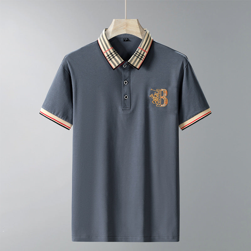 Men's Navy Blue Embroidered Polo Shirt with Beige Plaid Contrast Collar and Tipped Short Sleeves, Business Casual Cotton Pique Top