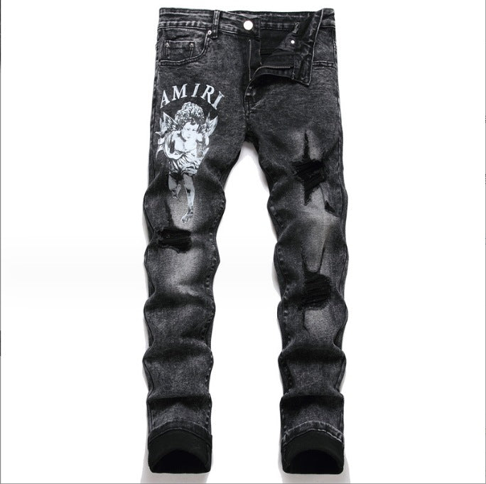 Men's Slim-Fit Ripped Biker Jeans, Acid-Wash Black Stretch Denim with Cherub Graphic Print and Distressed Knees