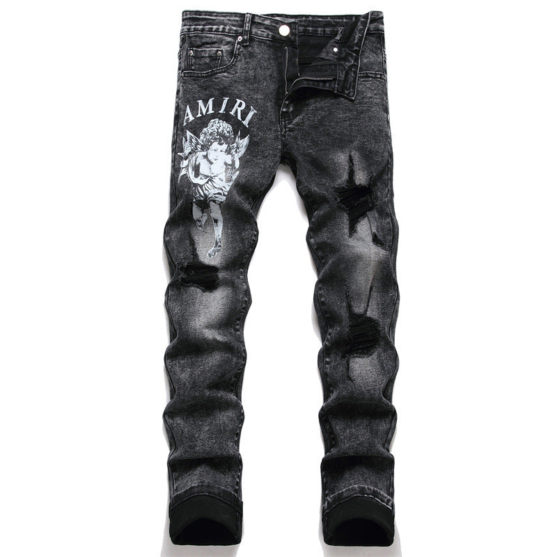 Men's Slim-Fit Ripped Biker Jeans, Acid-Wash Black Stretch Denim with Cherub Graphic Print and Distressed Knees