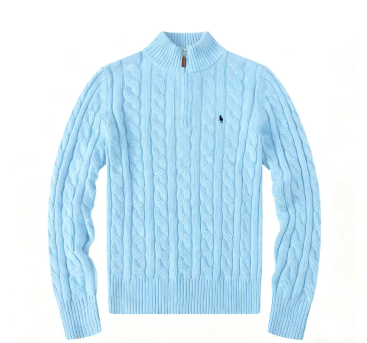 Men's Ivory White Chunky Cable-Knit Half-Zip Mock Neck Sweater with Embroidered Pony Logo, Ribbed Trim and Leather Zipper Pull – Size S