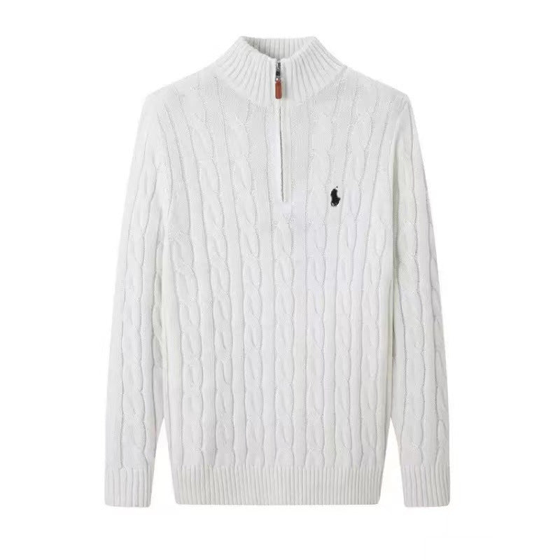 Men's Ivory White Chunky Cable-Knit Half-Zip Mock Neck Sweater with Embroidered Pony Logo, Ribbed Trim and Leather Zipper Pull – Size S