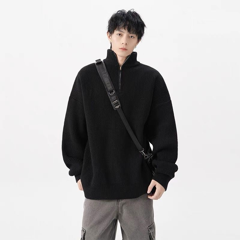 Men's Gray Ribbed Knit Half-Zip Mock Neck Sweater with Drop Shoulders and Oversized Loose Fit