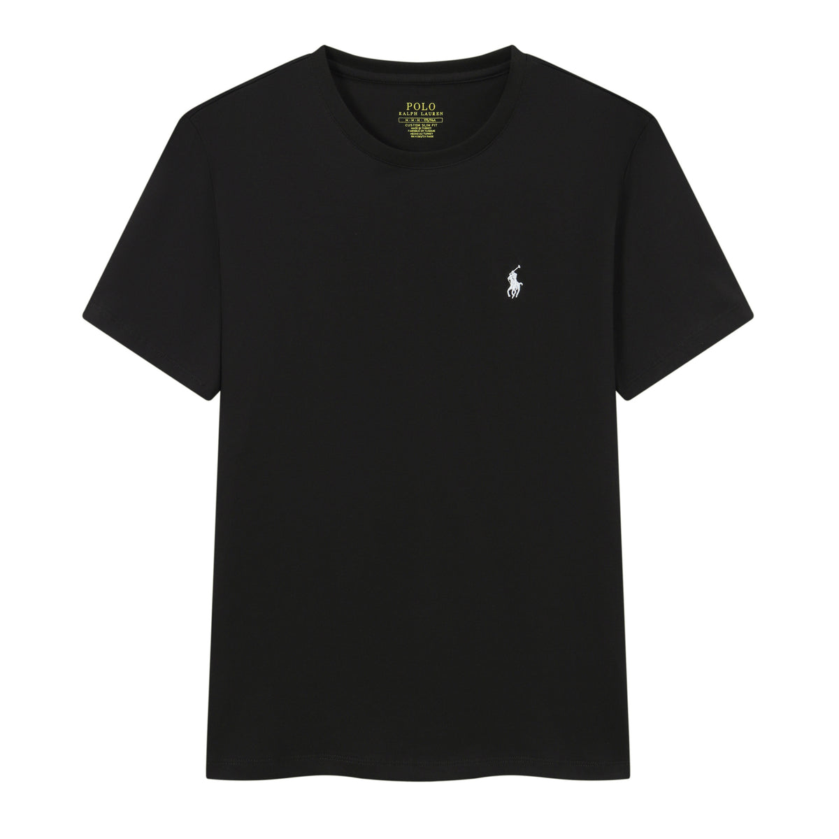 Men's Black Crew Neck Short Sleeve Cotton T-Shirt with Small White Embroidered Pony Logo, Slim Fit
