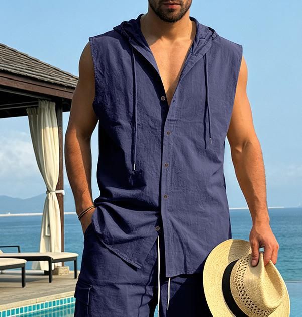 Linen Sleeveless Hooded Shirt in Khaki Navy Azure Gray Caramel Black White Army Green