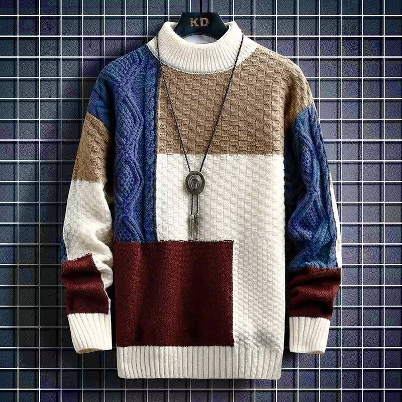 Cable-Knit Color-Block Turtleneck Sweater in Black or Apricot