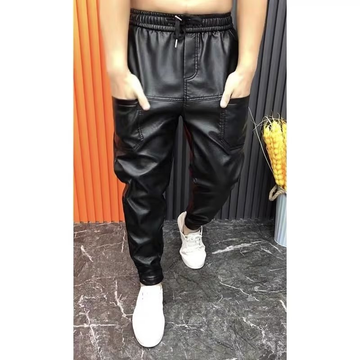 Black faux leather joggers with elastic waistband