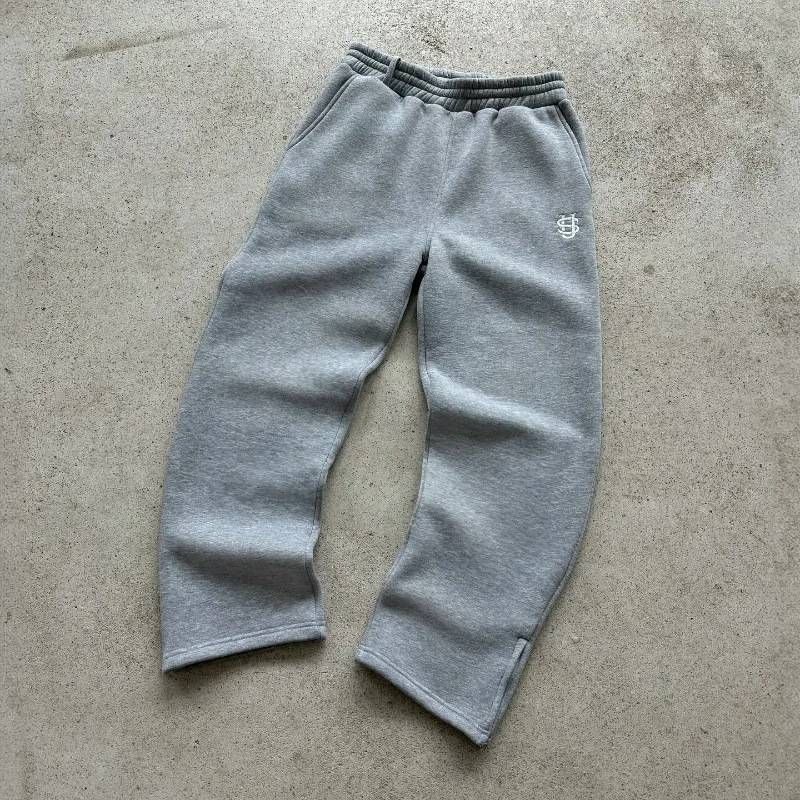 Black and light gray embroidered tracksuit set with wide leg pants
