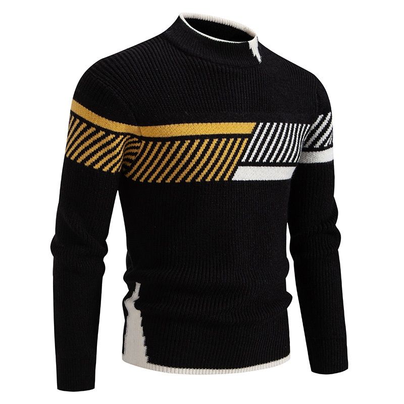 Color-Block Knit Half-Turtleneck Sweater in White Black and Green