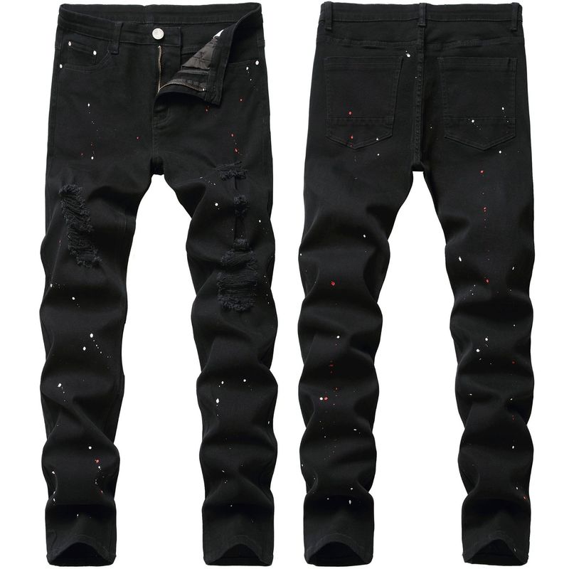 Black Stretch Slim-Fit Jeans with Star Speckle Print and Ripped Details