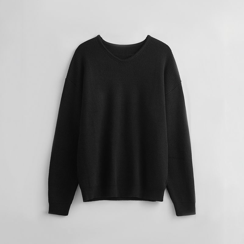 Black and Gray Relaxed-Fit V-Neck Knit Sweater