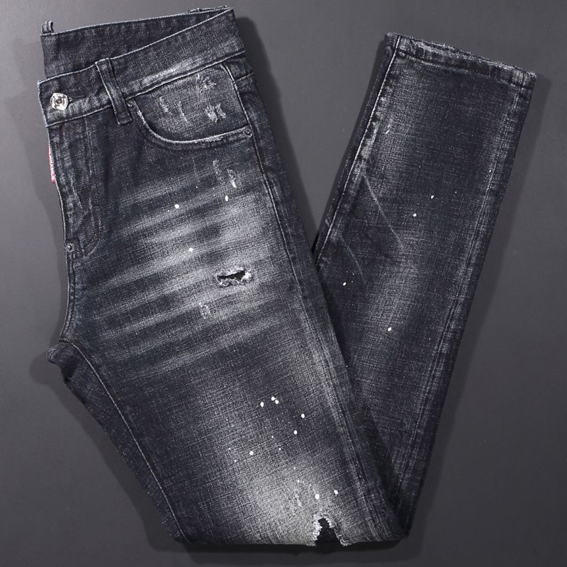 Black Distressed Skinny Jeans with Fading and Small Rips