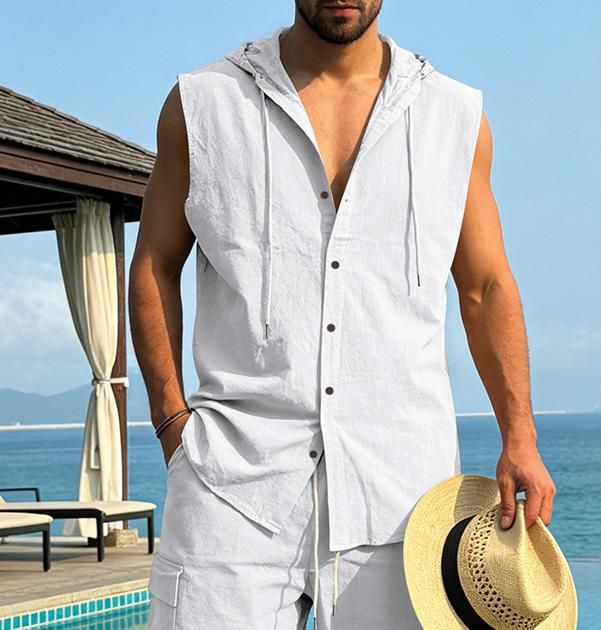 Linen Sleeveless Hooded Shirt in Khaki Navy Azure Gray Caramel Black White Army Green