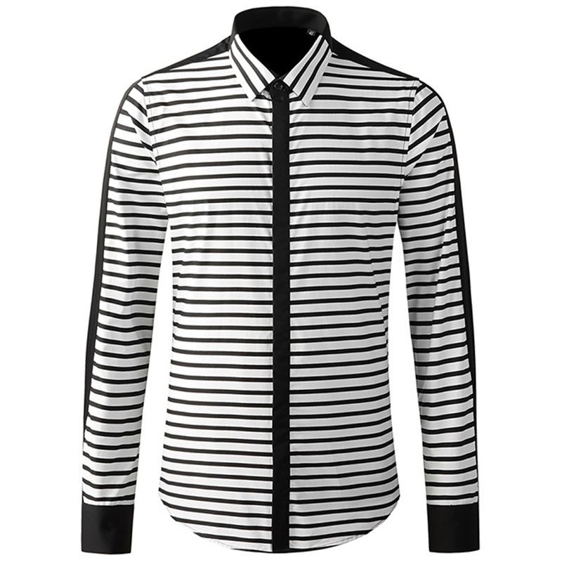 Black-and-white striped slim fit shirt with contrast collar and cuffs