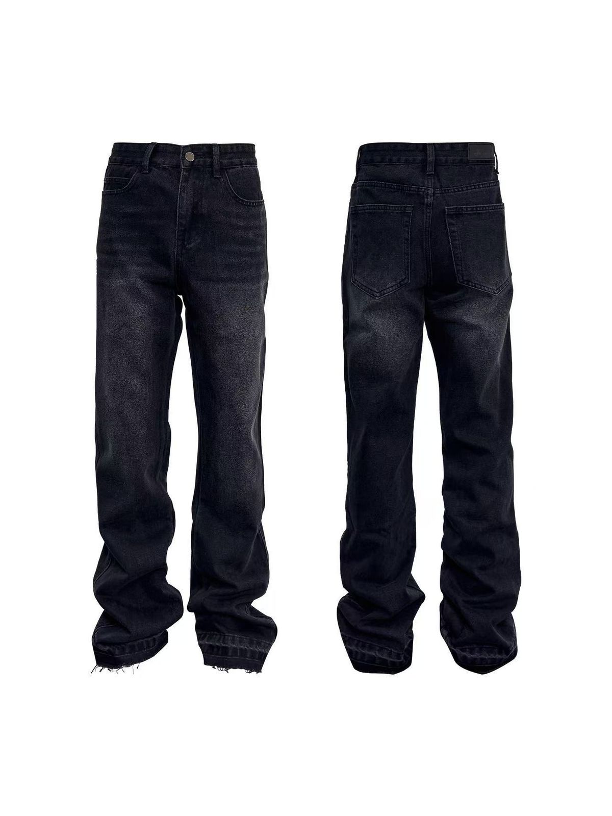 Distressed flared jeans with frayed hem and vintage grey wash