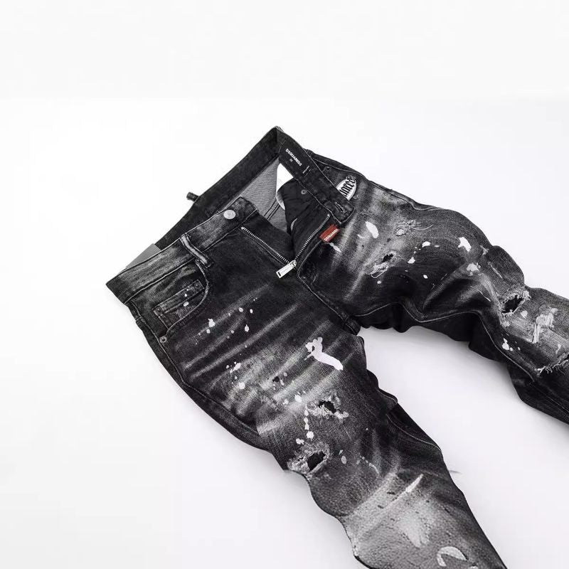 Black Distressed Paint-Splatter Slim-Fit Stretch Denim Jeans