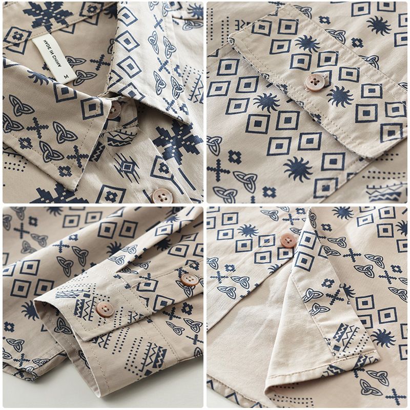 Geometric palm print long sleeve button-up shirt