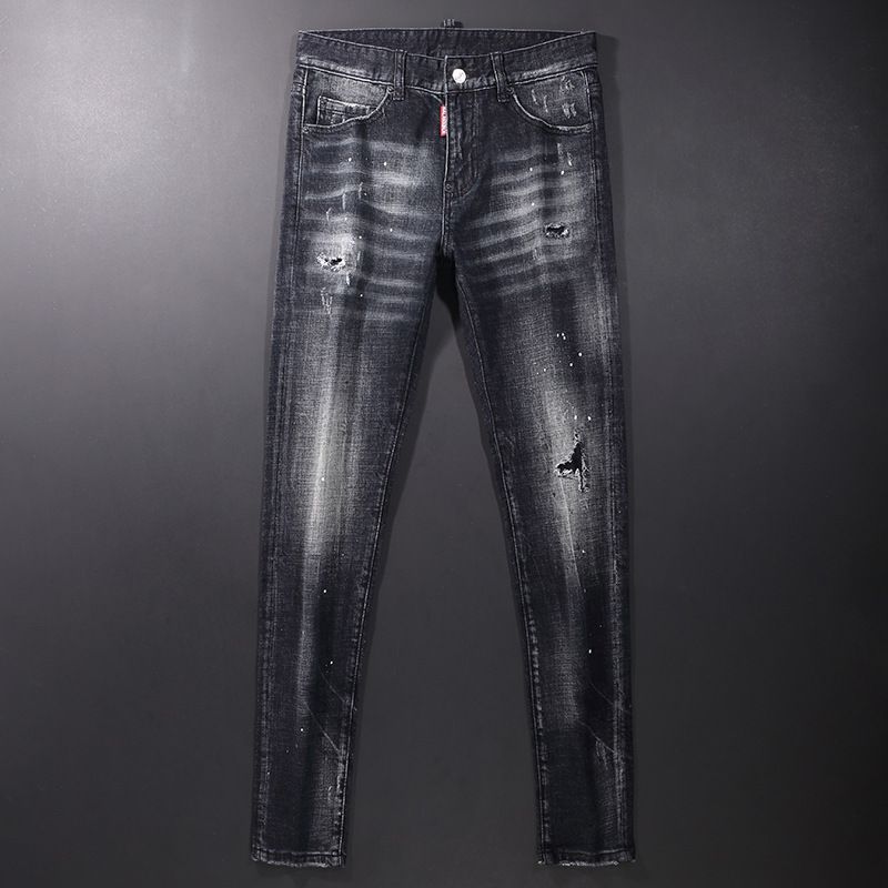 Black Distressed Skinny Jeans with Fading and Small Rips