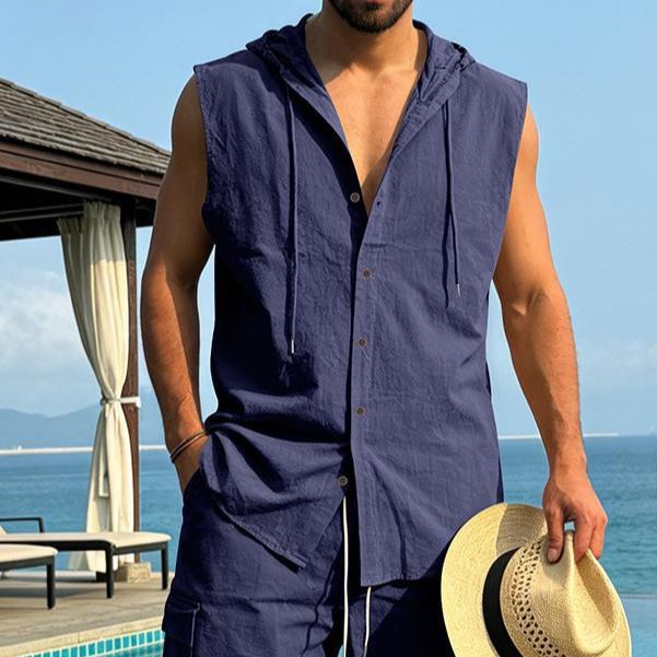 Linen Sleeveless Hooded Shirt in Khaki Navy Azure Gray Caramel Black White Army Green