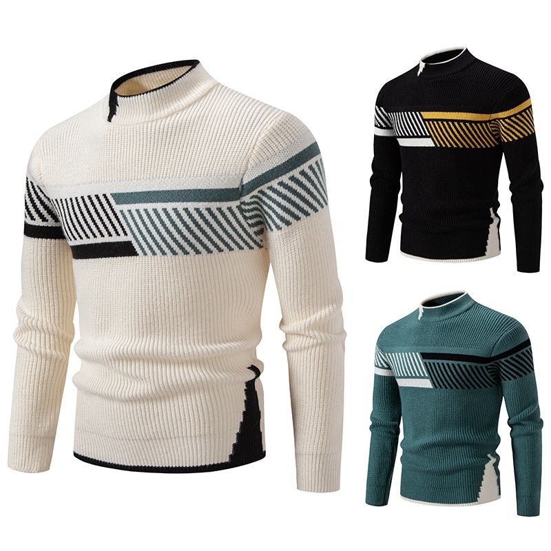 Color-Block Knit Half-Turtleneck Sweater in White Black and Green