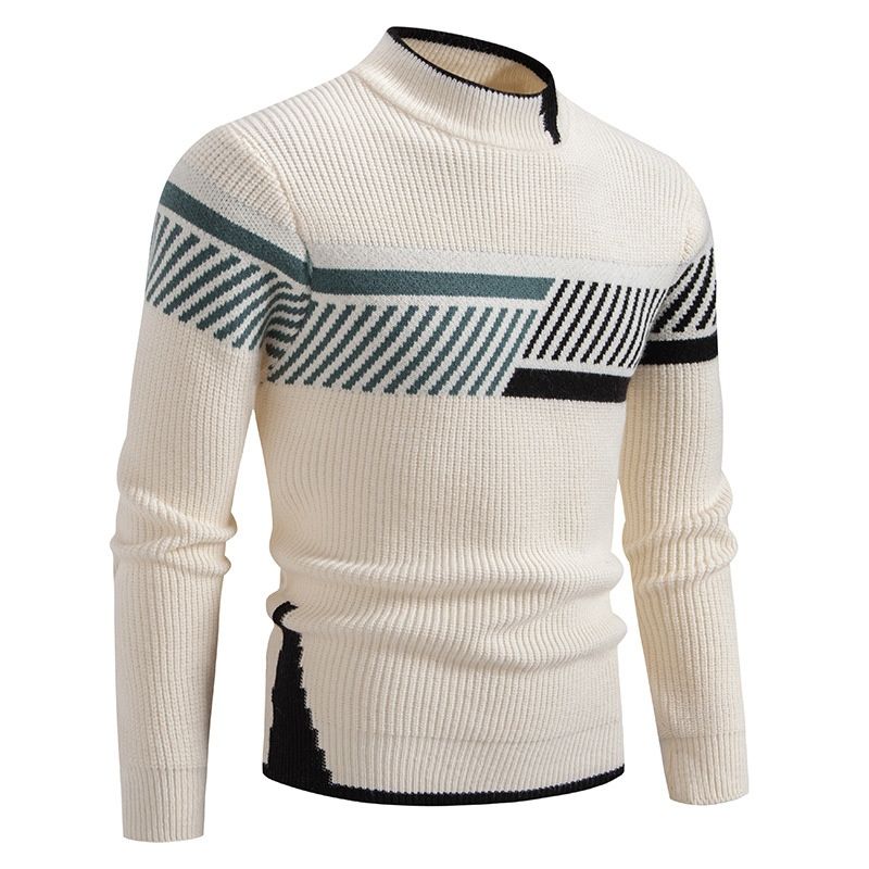 Color-Block Knit Half-Turtleneck Sweater in White Black and Green